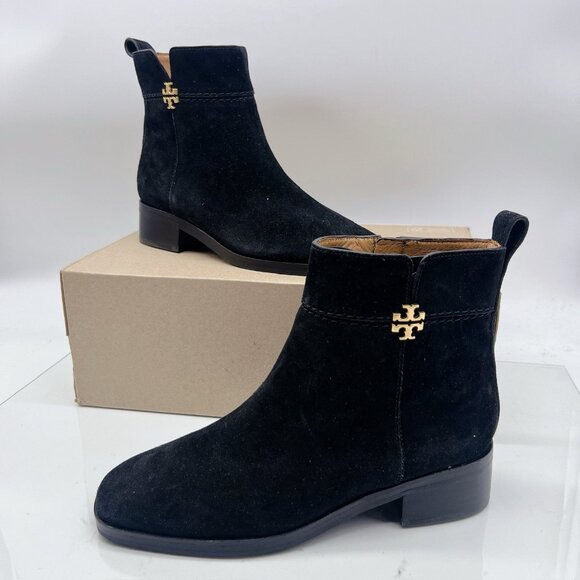 TORY BURCH Everly Ankle Boots Gold Logo Black Suede Side Zip US 7.5 $438 - Picture 2 of 11